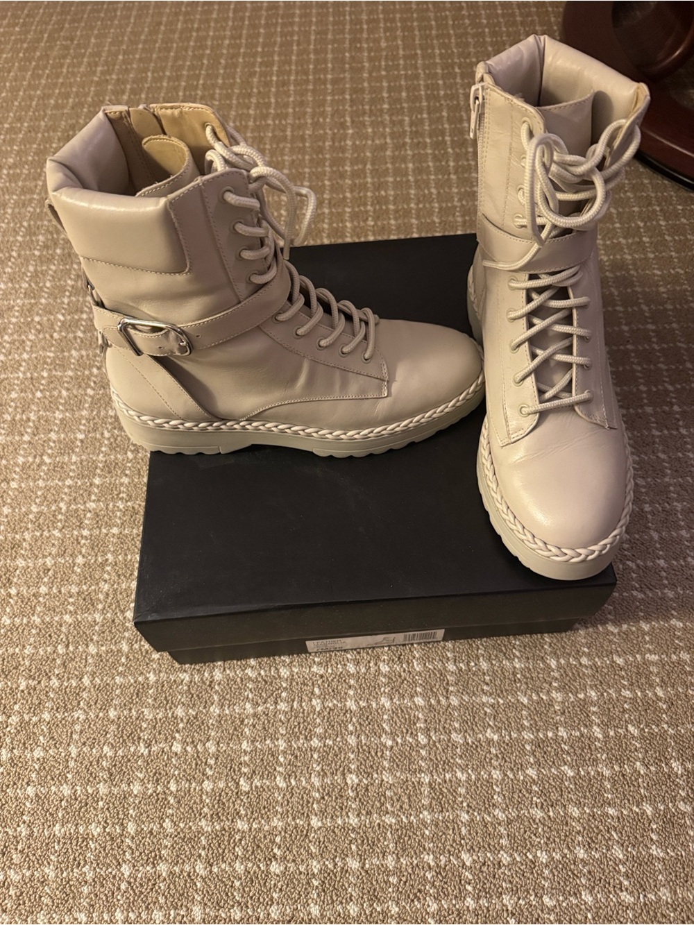 BCBGMaxAzria Women’s Leather Magnolia Lace-Up Combat Boots in Light Beige